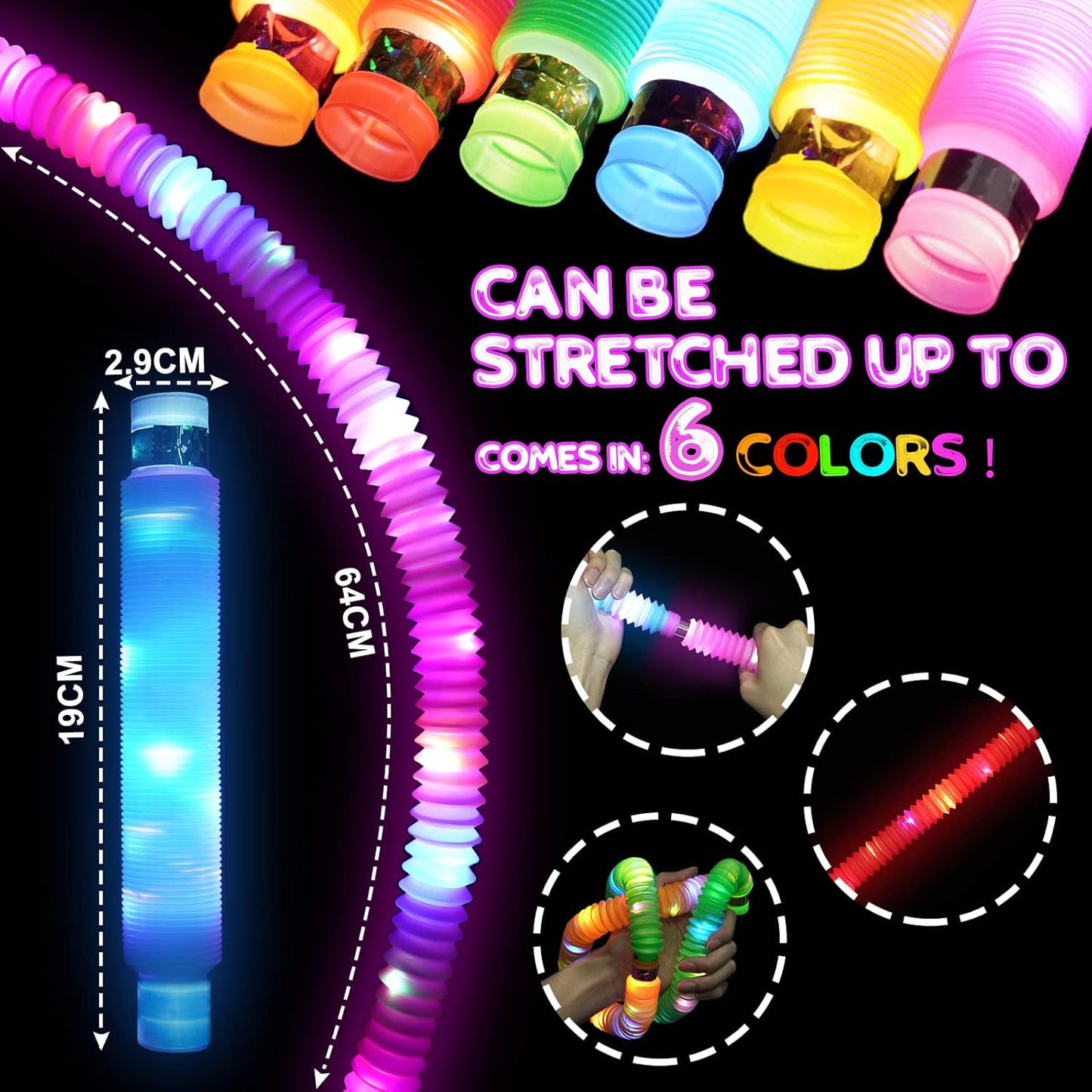 LED Light Up Pop Tubes Fidget Toys for Kids Sensory Toys, 6 Pack LED Pop Fidget Tubes Glow in The Dark Party Favors Supplies Toddler Sensory Toys Stocking Stuffers Return Gifts Prize