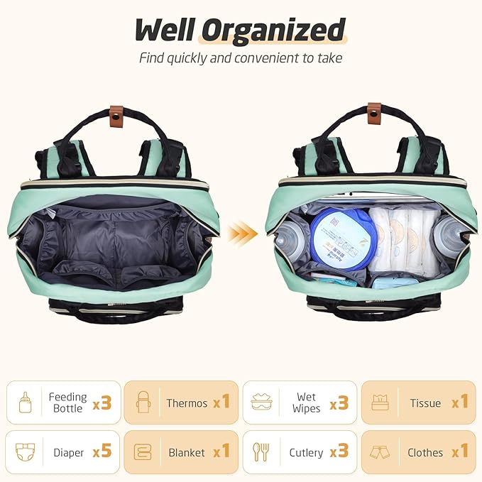 Diaper Bag Backpack - Extra Large Diaper Bag for 2 Kids Twin, Travel Baby Bags for Mom Dad 25-37L Expandable with Changing Pad Earphone Hole, Green Black