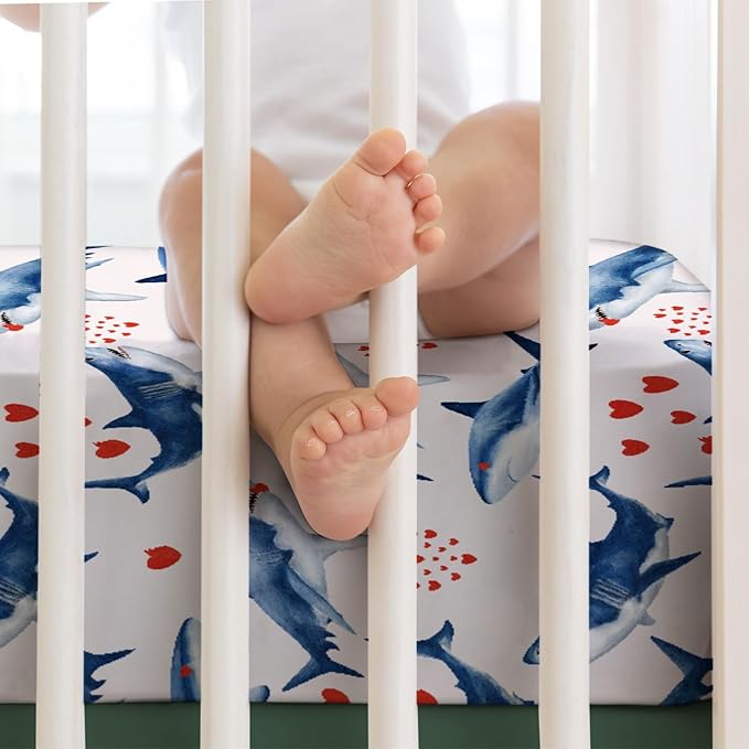 Sea Shark Love Baby Crib Sheets 52''x28'' Ocean Animals Hearts Fitted Crib Mattress Cover for Boy Girl Nursery Baby Bed Sheets for Standard Crib and Toddler Mattresses