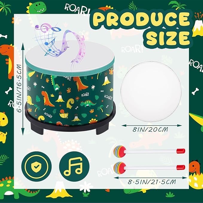 Boao Floor Tom Drum for Kids 8'' W x 6.5'' H Wooden Percussion Instrument Music Drum with 2 Rainbow Mallets Dinosaur Educational Toys for Baby Children Toddler Boy Girl Birthday Gift