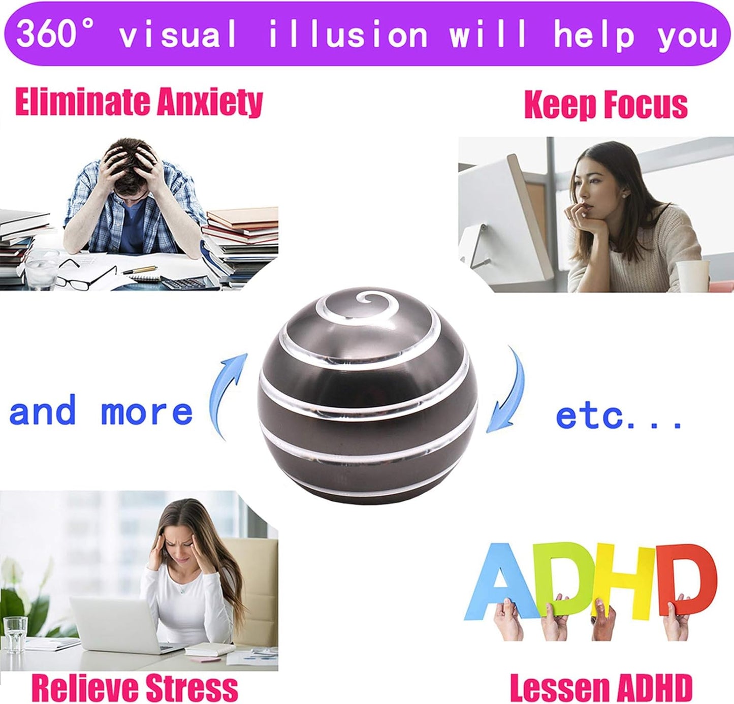 Desk-Fidget-Kinetic-Toys Cool-Gadgets: Cool-Stuff Thing Game Toy for Adult Teen Children Kid, Optical-Illusion Stress Relief Gifts for Man Women Home Office School Christmas Spinning Up 300 Seconds