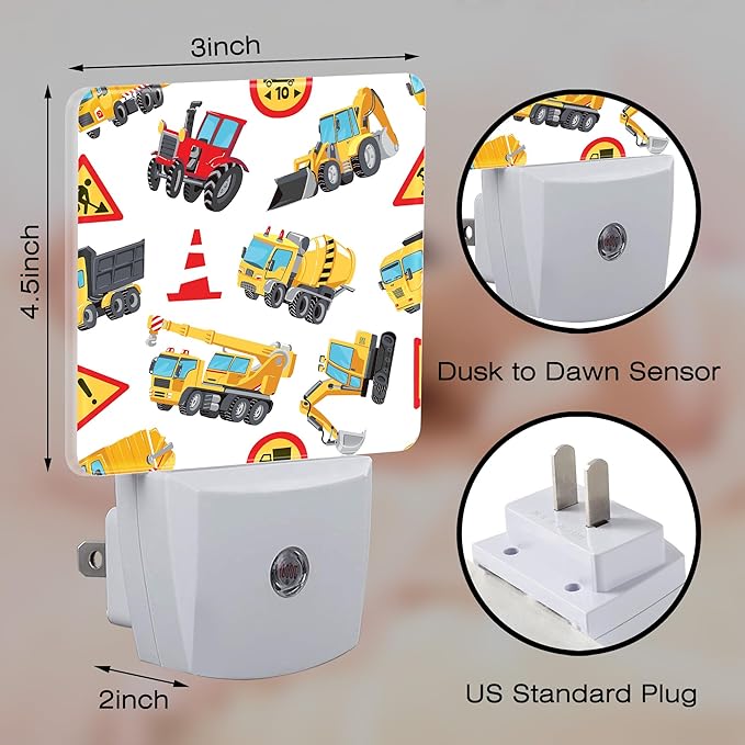 Cartoon Construction Vehicles Building Machines Night Light for Kids,Colorful Trucks Cars and Road Signs Night Light Plug in with Dusk to Dawn Sensor,0.5w Energy Saving Nightlight for Home Decor