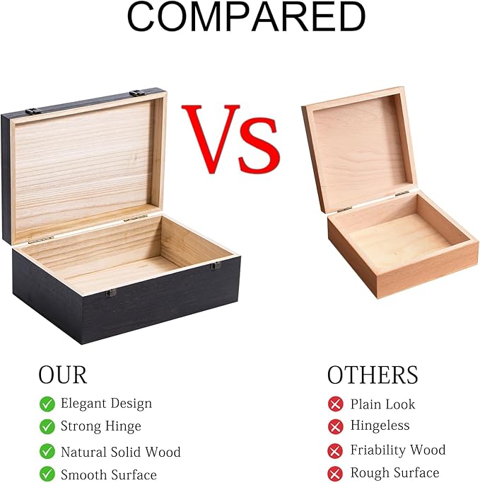 Black Wooden Storage Box with Hinged Lid and Front Clasp, 12.2''x8.6''x4.7'' Large Wooden Box, Wood Gift Boxes for Crafts Art Hobbies and Valentine's Day Decoration