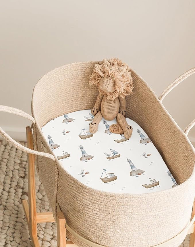 Bassinet Sheets for Baby Girls Boys 2 Pack, Fitted Baby Mattress Sheet for Rectangle, Oval, Hourglass Bassinet Mattress, Breathable Cozy & Universal Fit (Sailing Waves)