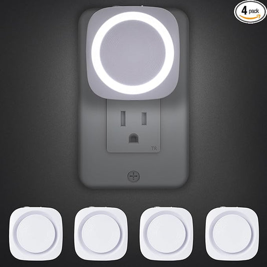 White Night Lights Plug into Wall, 4 Packs Dimmable Night Light with Dust to Dawn Sensor, Automatically Turn on and Off, Gentle Glow Nightlight for Bathroom,Bedroom,Stairs,Kitchen,Hallway, White