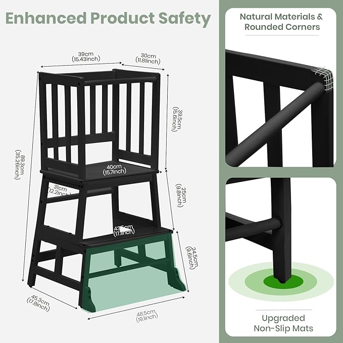 COSYLAND Kids Kitchen Step Stool Helper - Wooden Standing Tower for Kids with Anti-Tip Support Legs - Mothers' Helper Kids Learning Stool for Kitchen Counter (Black)