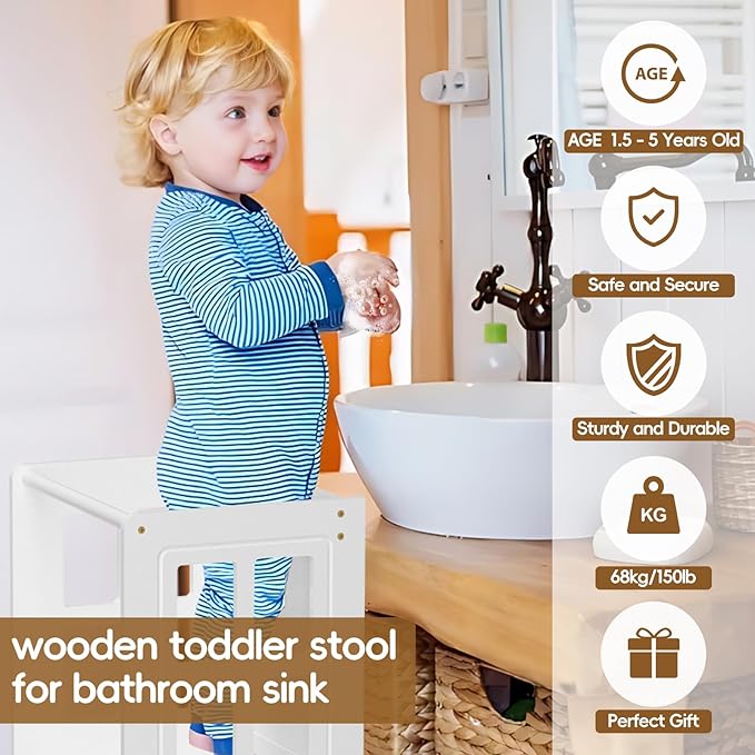 4 in 1 Toddler Kitchen Stool Helper Tower, Adjustable-Height Toddler Step Stool with Double-Sided Whiteboard, Anti-Slip Protection, Kids Learning Standing Tower for Kitchen Counter Bathroom Sink