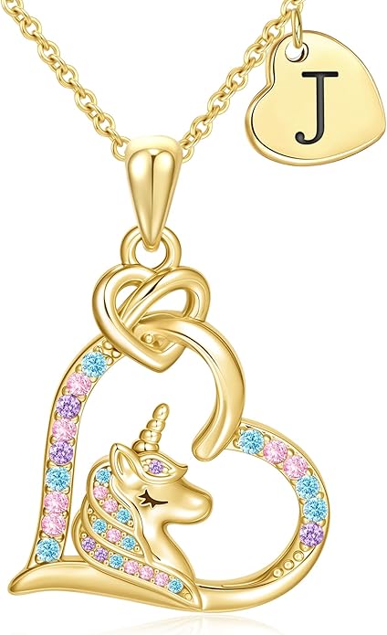 C-leen Unicorn Necklaces Gifts for Girls, 14K Gold Plated Colorful CZ Heart Initial Pendant Unicorn Necklaces for Girls Teens Jewelry Birthday Gifts