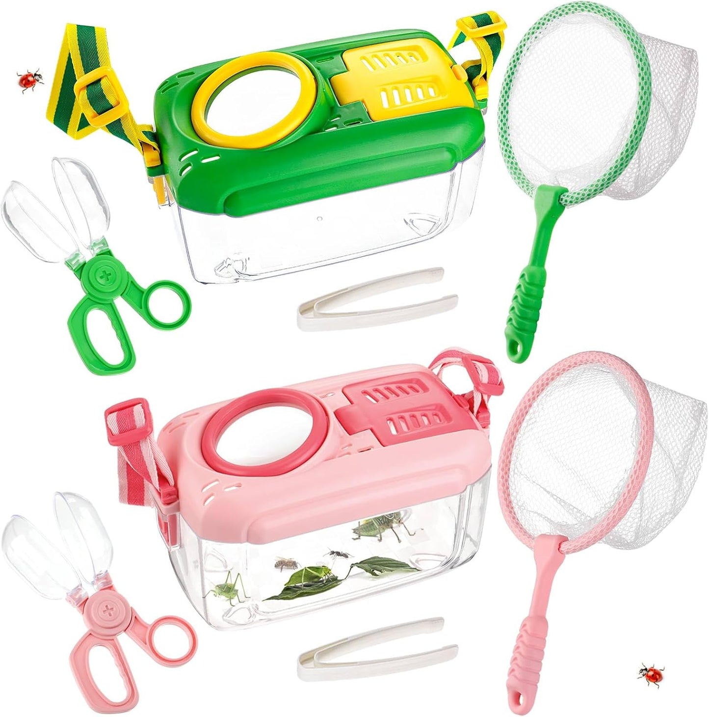 2 Set Bug Catcher for Kids- Educational Bug Catching Kit Including Butterfly Net, Insect Clip, Tweezer, Outdoor Toys for Kids Ages 3-10 (Pink & Green)