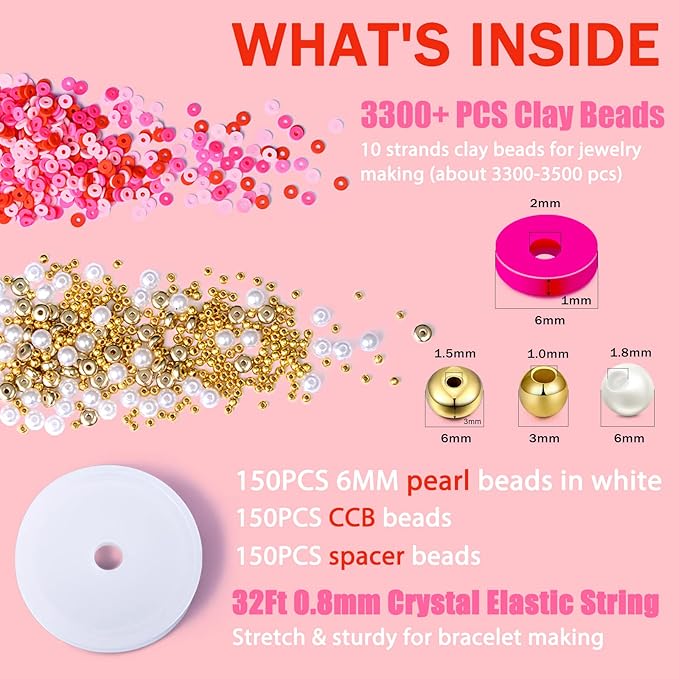 AceFun 3750PCS Clay Beads for Bracelets Making Polymer Clay Beads Kit with Pearl Beads Spacer Beads, Disc Heishi Beads Set for Jewelry Making Necklace Bracelet Earrings Finding, Pink Mixed