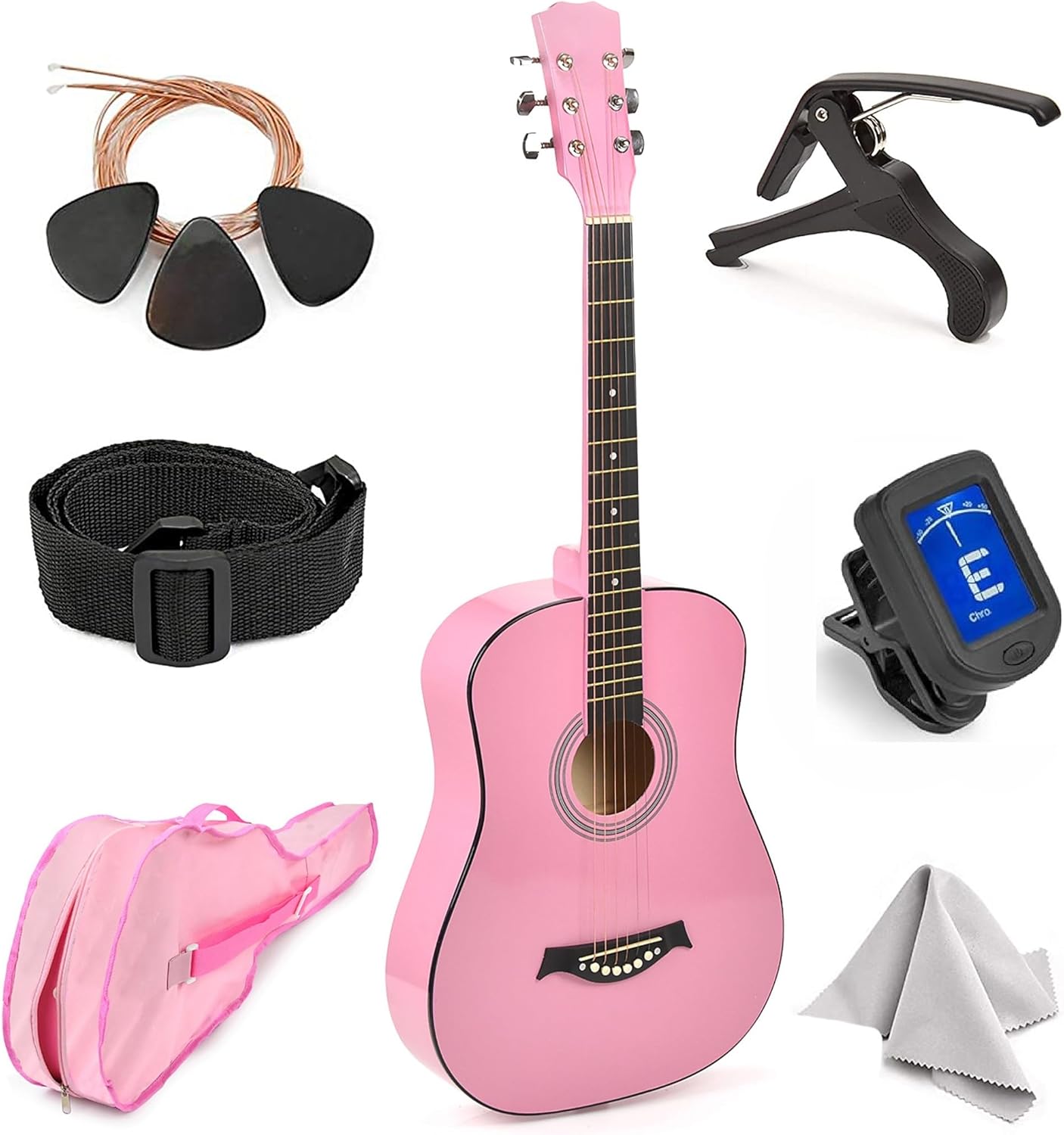 Classical Acoustic Guitar For Kids By MasterPlay- 30” Beginner Guitar For Learners- Accoustic String Starter Kit: Guitar Bag, Tuner, Strap, Extra Strings, Picks, Wash Cloth, Capo (Pink)
