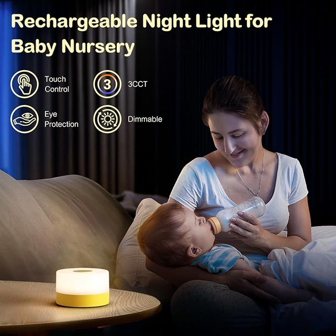 JUSHENG Night Light for Baby Nursery, USB Rechargeable Touch Lamp for Bedroom Nightstand with 3CCT & Dimming Function LED Battery Operated Lamp as Kids Night Light with Cute Design, Bright Yellow