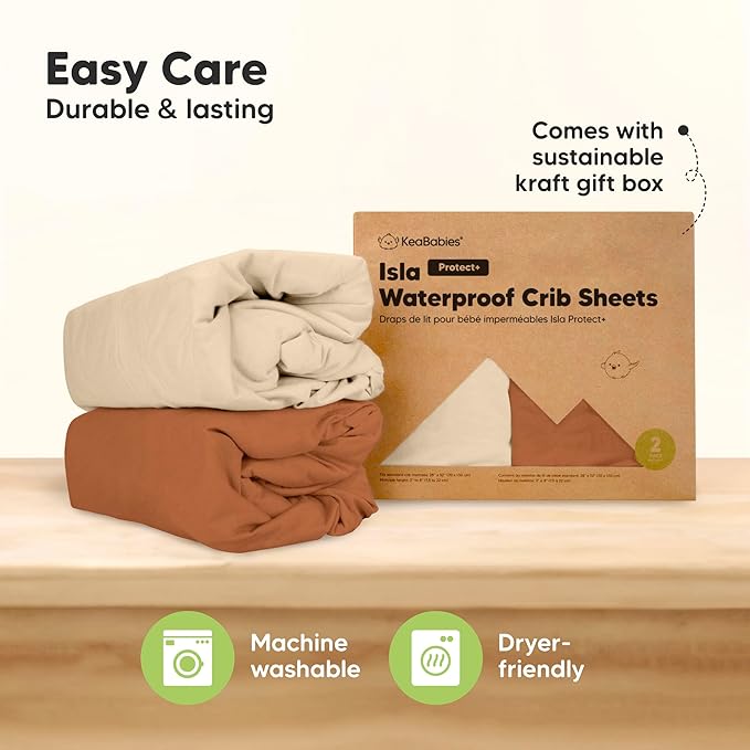 2-Pack Waterproof Baby Crib Sheets for Boys, Girls - 52x28 Viscose Derived from Bamboo Toddler Bed Sheet Neutral, Fitted Crib Mattress Protector Cover for Baby Bedding, Soft & Gentle (Rust)