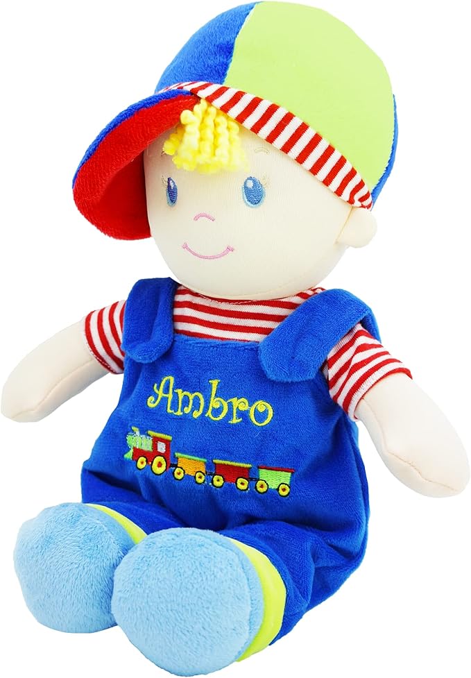 June Garden Personalized Soft Dolly Ben - Stuffed Soft Baby Boy Doll for Birth and Up with Custom Name - Blue Outfit - 13"