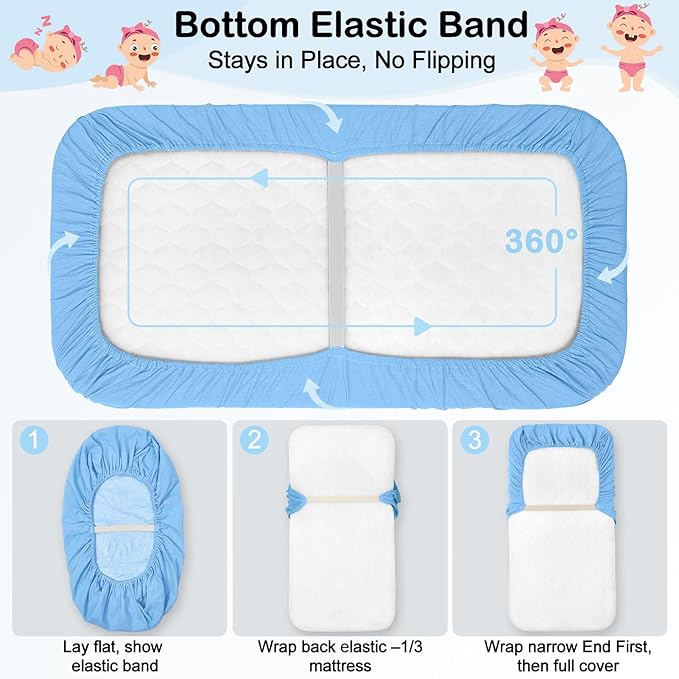 Baby Bassinet Sheets TPU Waterproof 2 Pack Soft Muslin Bedside Bassinet Mattress Sheets with Bottom Elastic Band for Baby Boy Girls Unisex Fit Hourglass Oval and Rectangle, Blue