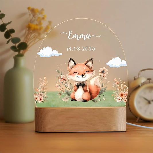 callie Acrylic Night Light Name Plate Personalized, Custom Cute Animal Dog Cat with Wooden Base Bedroom Decor, Birthday Gifts Kid Gifts for Family (Animal Bear Fox)