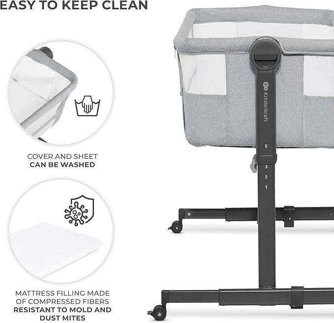 Kinderkraft Neste UP2 Bedside Cot 2 in 1, Co-Sleeper from Birth, Travel cot for Newborn, Adjustable Height, Included Mattress Sheet, with 4 Wheels, Breathable Mesh, Gray