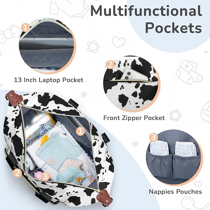 Diaper Bag Tote, Baby Bag Travel Diaper Tote Bag with Pacifier Case, Cute Maternity Hospital Baby Stylish Diaper Tote for Mom Dad Medium Size, Cow Print
