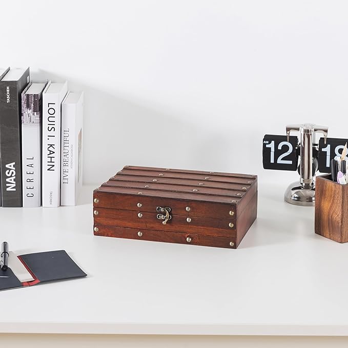 Soul & Lane Vintage Wooden Treasure Chest - Elegant Decorative Storage & Keepsake Box with Antique Hardware, Wood Box Trunk for Photos, Mementos, Office Supplies