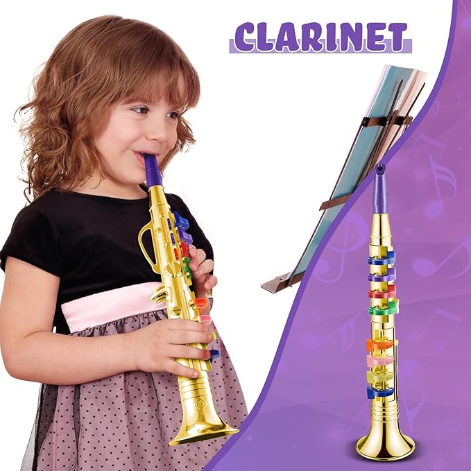 Amylove Set of 2 Toy Trumpet and Clarinet for Kids Toddlers Plastic Instruments Fake Music Toy Portable Early Educational Toys Teaching Songs Musical Gifts(Gold)