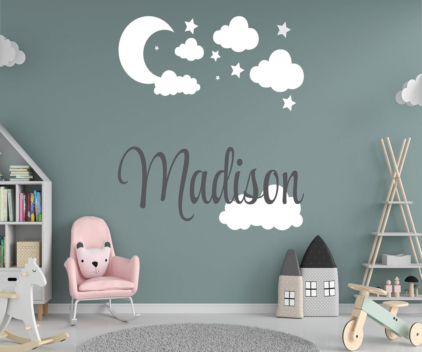 Custom Name with Moon Clouds and Stars - Nursery Baby Name Wall Art - Wall Decal for Nursery Bedroom playroom Decoration (Wide 20x20inch Height)