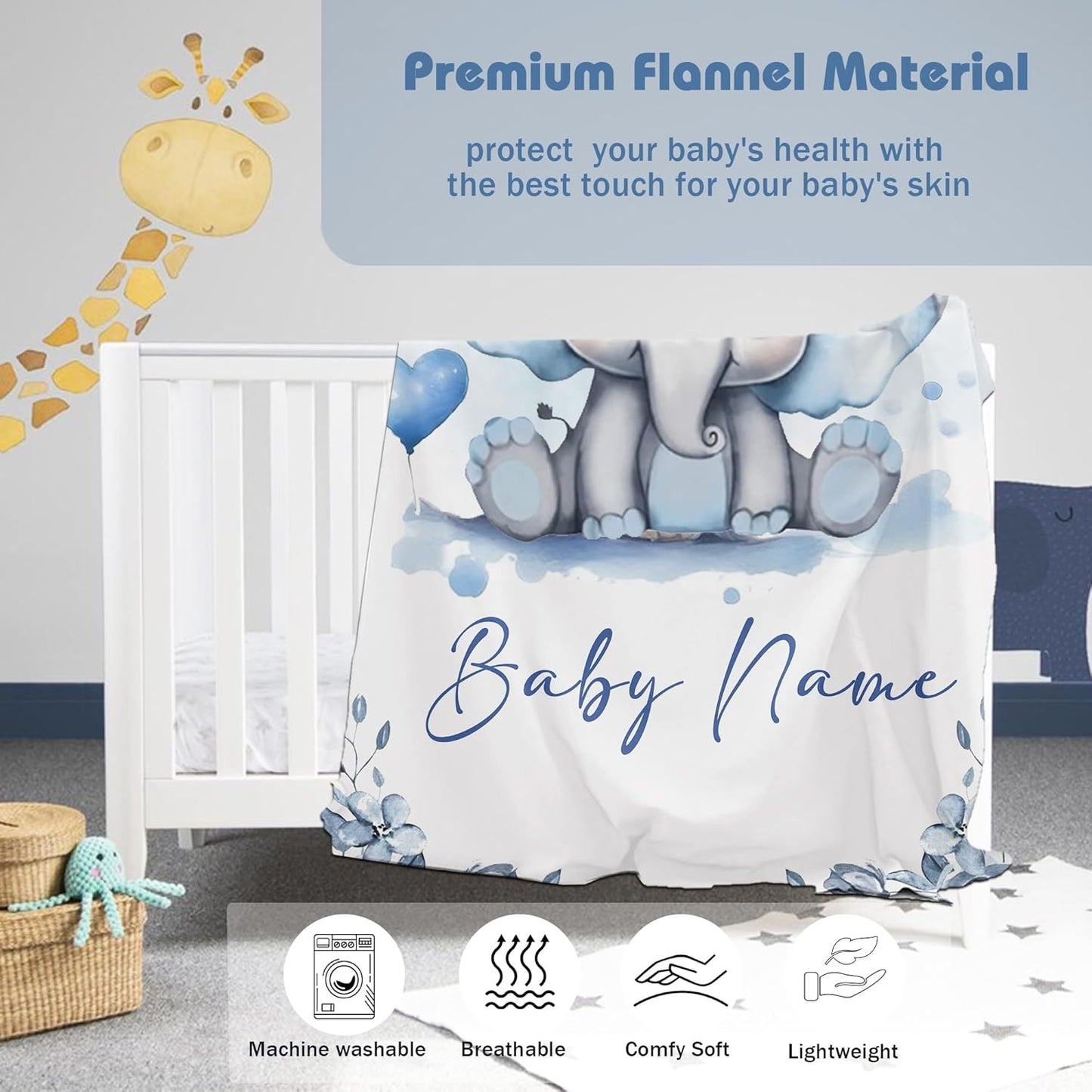 Personalized Baby Blanket for Boy Girl Newborn Custom Elephant Blanket with Name Customized Gifts for Baby Shower Birthday Christmas