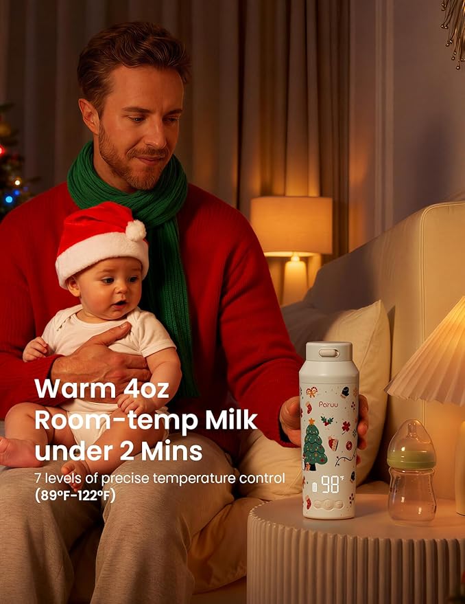 Paruu Portable Bottle Warmer for Travel, Easy-Clean Wide Mouth, Portable Milk Warmer with Fast Heating for Night Feeding, 7-Temp Control, Large 12oz Capacity, Christmas Limited Edition, Beige