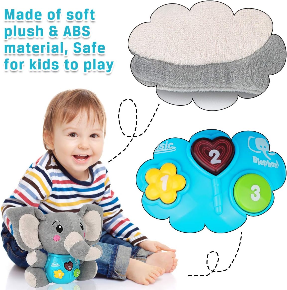 Aitbay Plush Elephant Music Baby Toys 0 to 6 Months, Cute Stuffed Animal Light Up Baby Toys Newborn Baby Musical Toys for Infant Babies Boys & Girls Toddlers 6 to 12 Months
