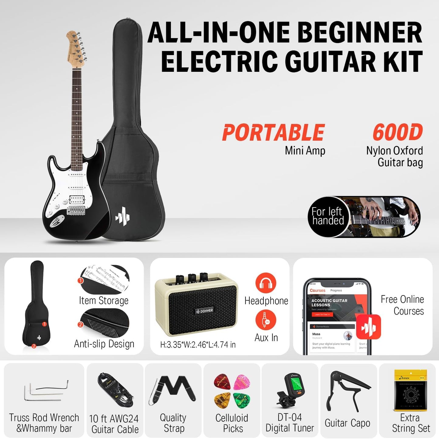 Donner 39 Inch Left-Handed Electric Guitar Kit Solid Body Black Lefty Beginner Set Full-Size with Amplifier Online Lesson Bag Digital Tuner Capo Strap String Cable Picks DST-100BL