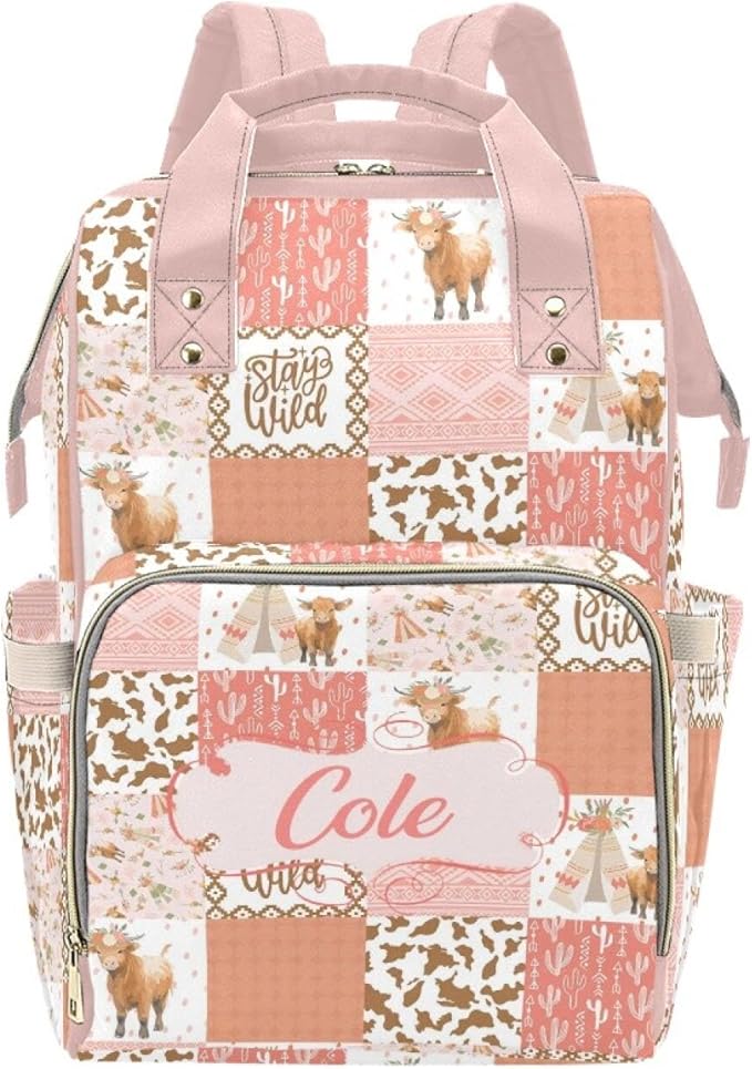Personalized Highland Cow Pink Diaper Bag with Name – Custom Baby Bag, Nursing Tote Backpack for Mom, Custom Name Mommy Daypack, Shower Gift for Baby