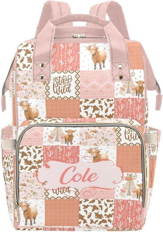 Personalized Highland Cow Pink Diaper Bag with Name – Custom Baby Bag, Nursing Tote Backpack for Mom, Custom Name Mommy Daypack, Shower Gift for Baby