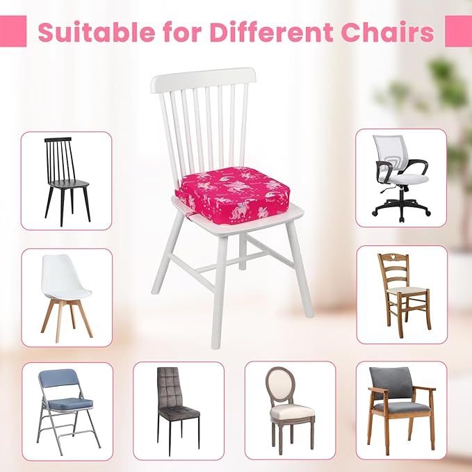 Toddler Booster Seat for Dining Table, Kids Booster Seat for Kitchen Chair with Non-Slip Bottom, Portable Detachable Washable Increasing Cushion with 2 Adjustable Straps (Unicorn)