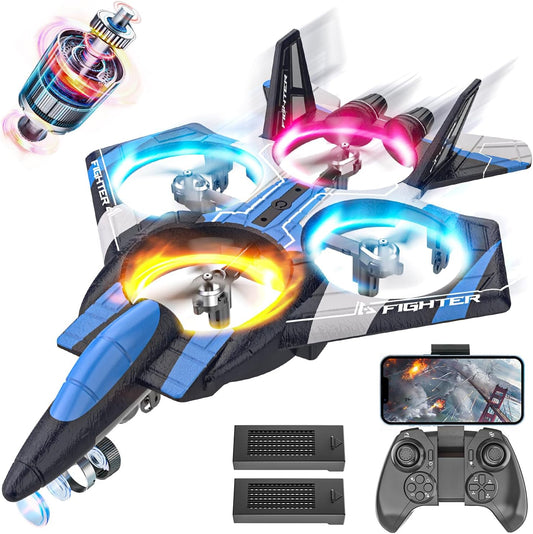 BEZGAR RC Plane for Kids | 2.4GHZ Brushless Drones with Camera, 6-axis Gyro Remote Control Airplane, 360° Flip Fighter Jet Toy, Toys for ages 8-13 with Colorful LED Navigation Lights Blue