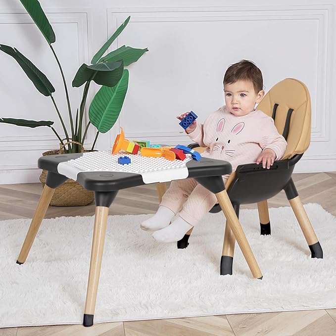 6 in 1 High Chair for Babies & Toddlers, Convertible Wooden Baby Highchair, Table and Chair Set, Baby Feeding Chair, 5-Point Adjustable Harness/4-Position Removable Tray& PU Seat Cushion (Black)