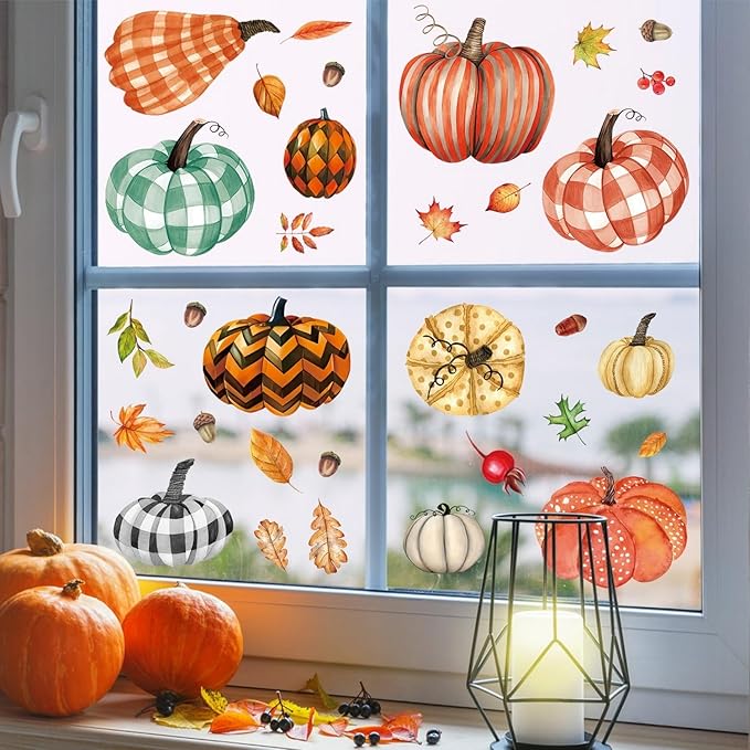 6 Sheets Pumpkin Window Stickers Thanksgiving Window Clings Double-Sided Fall Leaves Window Stickers Decor Autumn Window Clings for Glass Windows Holiday Home Kitchen Office Decorations DIY Supply