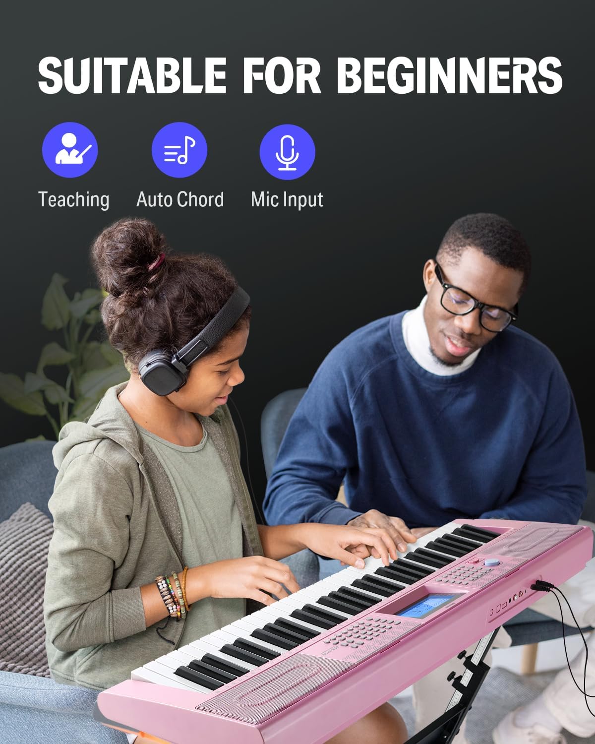 Donner Keyboard Piano 61 Key, Electric Keyboard Kit with 249 Voices, 249 Rhythms - Includes Piano Stand, Stool, Microphone, Gift for Beginners, Pink(DEK-610S)
