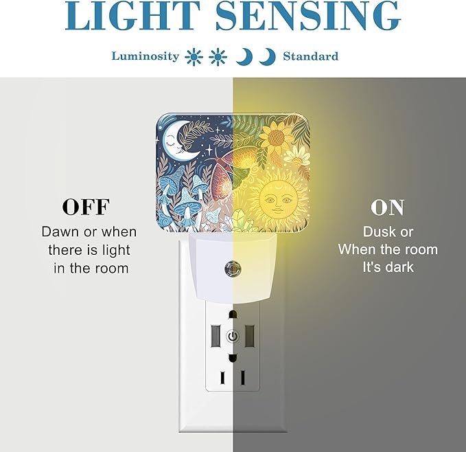 Boho Moth Mushroom Night Light for Kids, Sun and Moon With Faces LED Night Light Plug into Wall with Dusk to Dawn Sensor for Girls Boys Women Men Room, Hallway, Kitchen, Bathroom, Stairs Decor