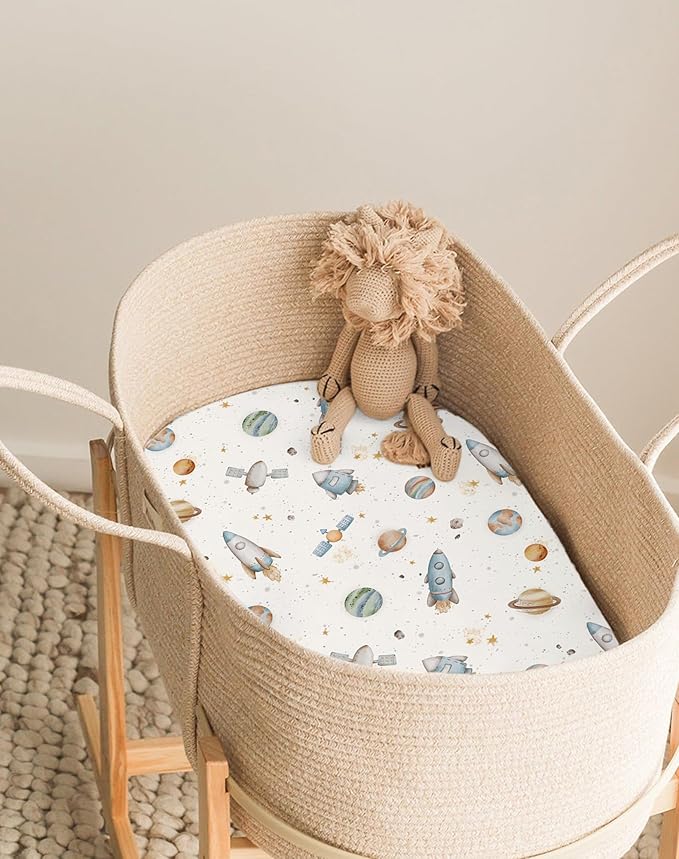 Bassinet Sheets for Baby Girls Boys 2 Pack, Fitted Baby Mattress Sheet for Rectangle, Oval, Hourglass Bassinet Mattress, Breathable Cozy & Universal Fit (Stellar Adventure)