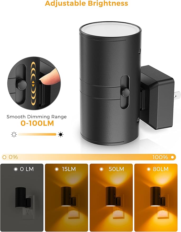 L LOHAS LED Night Light, Amber Nightlight, Dimmable Night Light, Light Sensor, Yellow Nightlight, 0-100LM, Sleep Light for Kids, Soft & Warm Light for Bedroom, Bathroom, 2 Pack