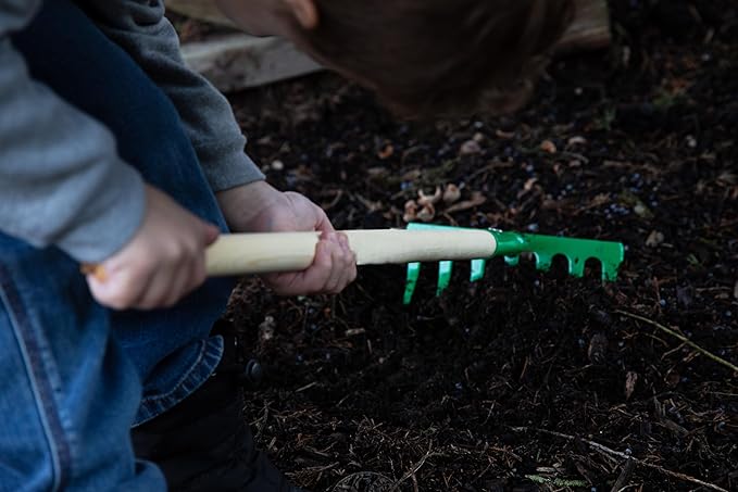 JustForKids Kids Garden Tool Set Toy, Rake, Spade, Hoe and Leaf Rake, reduced size , made of sturdy steel heads and real wood handle, 4-Piece, Multicolored, 5yr+