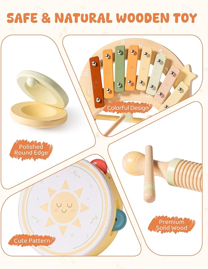 ROBOTIME Baby Musical Instruments Set, 11 PCS Wooden Toddler Musical Toys with Xylophone Percussion Instruments, Montessori Musical Toys for Preschool Kids Girls Boys