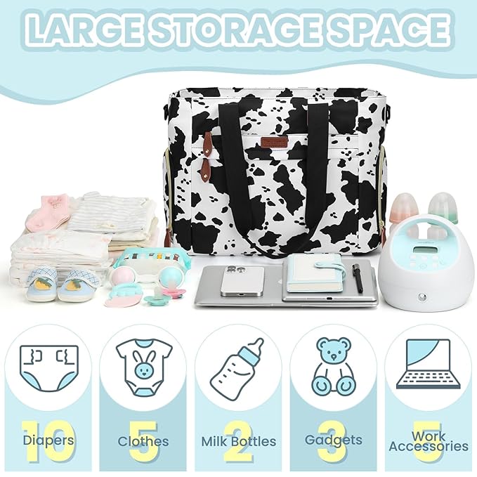 Diaper Bag Tote for Working Mom, Large Travel Diaper Tote for Mom and Dad with 14 Inch Laptop Sleeve, Mommy Maternity Travel Baby Bag for Boys and Girls, Cowprint