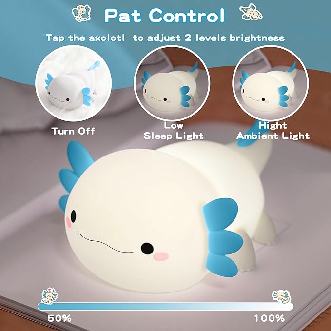 Axolotl Night Light,Cute Axolotl Lamp,Food Grade Silicone Nursery Nightlight,Rechargeable/Dimmable LED Squishy Novelty Animal Bedside Touch Lamp,Baby Room Decor, Axolotl Gifts for Kids/Boys