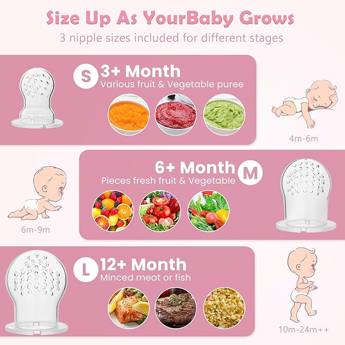 WAJIAYON Baby Fruit Feeder/Food Feeder Pacifier (3 Pack)- Infant Teething Feeders | Silicone Teether Feeder Babies | Baby Feeding Essentials | Food Pacifier for Babies - Pink