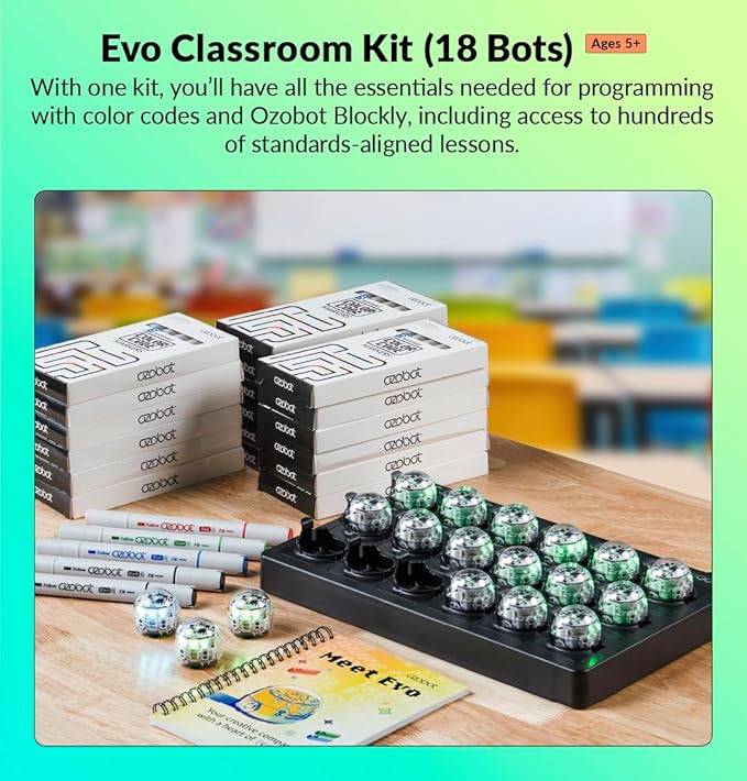 Ozobot Evo Classroom Kit (18 Bots): Interactive Coding Robot, Kids Ages 5+, Includes 18 Evo Robots, Color Code Markers, Charging Cradle, Bot Stickers, Access to 700+ STEAM Lessons, Educators & Parents