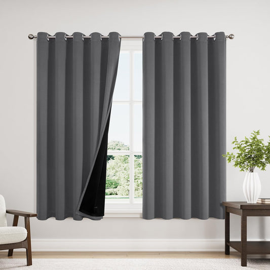 ChrisDowa 100% Blackout Curtains 63 inch Long for Bedroom with Black Liner, Extra Wide 2 Thick Layers Total Blackout Thermal Insulated Grommet Window Curtains 2 Panels Set (Grey, 60 x 63 Inch)