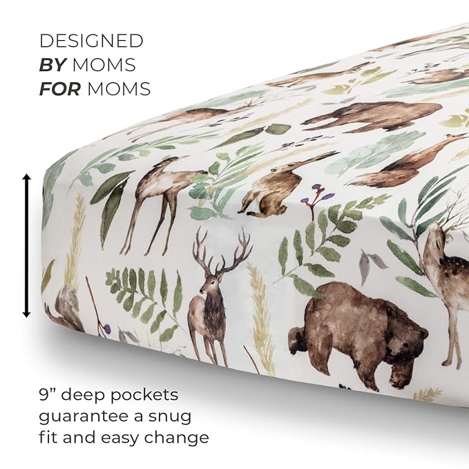 Pobibaby - Premium Single Fitted Baby Boy Crib Sheets for Standard Crib Mattress - Ultra-Soft Cotton Blend, Safe and Snug, and Stylish Woodland Crib Sheet (Wildlife Animal)