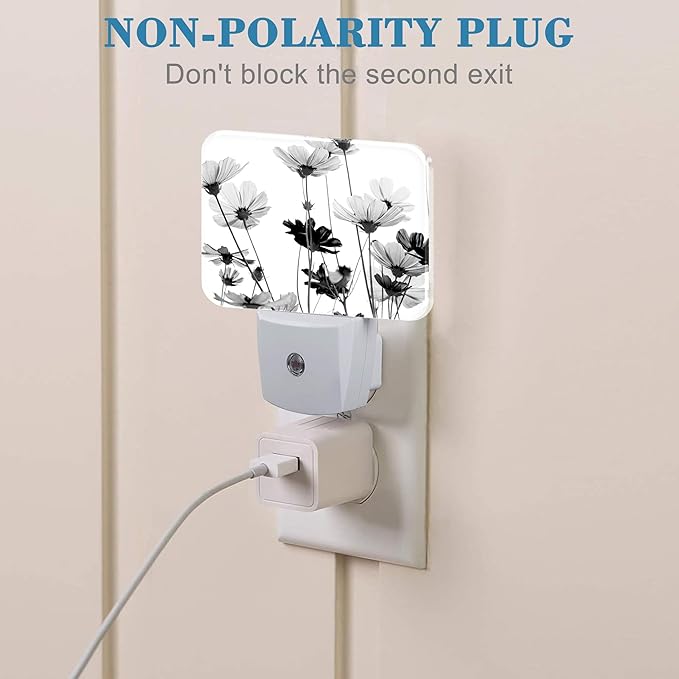Black and White Daisy Plug in Night Lights, Daisy Flowers Nightlight Plug Into Wall Dusk to Dawn Sensor for Kid Girls Boys Women Men Room, Hallway, Kitchen, Bathroom, Stairs Decor