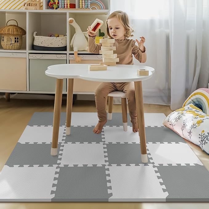 16 Tiles Baby Play Mat for Floor, EVA Foam Baby Floor Play Mat with 0.6 Inch Thick Interlocking Foam Tiles, Foam Floor Tiles for Baby, Toddlers and Kids (Grey-White, 16PCS)