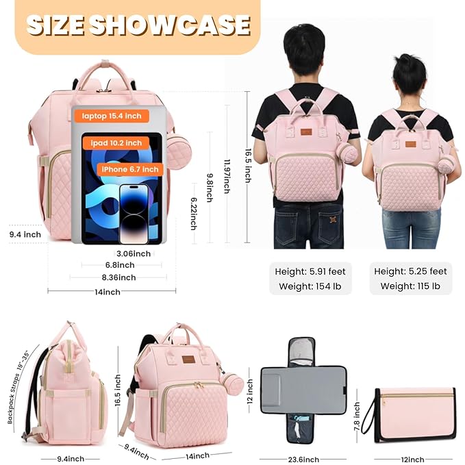 Pink Diaper Bag Backpack for Baby Girls - Baby Shower Gifts for Mom, Quilted Diaper Bag with Changing Pad, Pacifier Case, Insulated Pockets, Stroller Straps, 35L Large Capacity - Cute